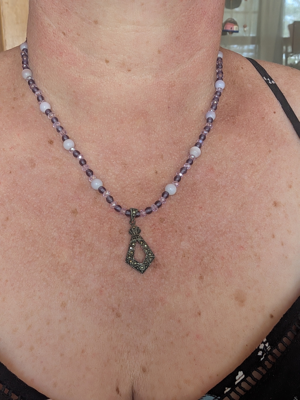 Lavender Beaded Necklace with Geometric Pendant - Unbranded